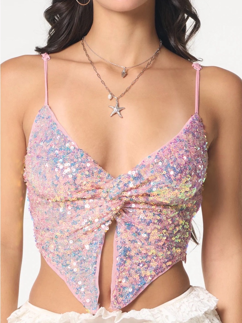 Kookai Pink Iridescent Sequin Twist Point Hem Crop Top
